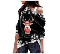 Generisch Pull de Noël décontracté hiver épaules obliques brillant tête de cerf fashion Halloween motif flocon de neige imprimé haut mi-long avec, Noir , M