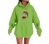 Generisch Pull de Noël Femme Grandes Tailles Pull de Noël Femme Drôle Vin Rouge Impression Verre Sweat à Capuche Merry Christmas Lutin Sweatshirt Oversize Manches Longues Pull Ugly Noël Pull à Capuche