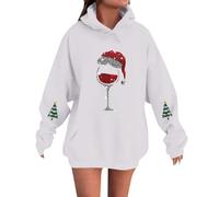 Generisch Pull de Noël Femme Grandes Tailles Pull de Noël Femme Drôle Vin Rouge Impression Verre Sweat à Capuche Merry Christmas Lutin Sweatshirt Oversize Manches Longues Pull Ugly Noël Pull à Capuche