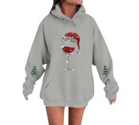 Generisch Pull de Noël Femme Grandes Tailles Pull de Noël Femme Drôle Vin Rouge Impression Verre Sweat à Capuche Merry Christmas Lutin Sweatshirt Oversize Manches Longues Pull Ugly Noël Pull à Capuche