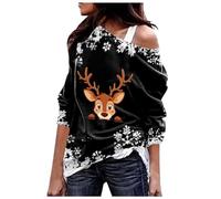 Generisch Pull de Noël Femme Hiver Brillant Tête de Cerf Décontractée Épaule oblique Mode Halloween Thème Flocon de Neige Imprimé Haut Mi-Longueur avec Sweat à Capuche, Noir , M