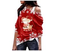 Generisch Pull de Noël Femme Sweat-shirt Brillant Renne Sapin de Noël Décontracté Épaules obliques Imprimé Mode Halloween Motif Flocon de Neige, rouge, M