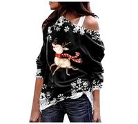 Generisch Pull de Noël Femme Sweat-shirt Brillant Renne Sapin de Noël Décontracté Épaules obliques Imprimé Mode Halloween Motif Flocon de Neige, Noir , S