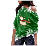Generisch Pull de Noël Femme Sweat-shirt Brillant Renne Sapin de Noël Décontracté Épaules obliques Imprimé Mode Halloween Motif Flocon de Neige, vert, M