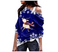 Generisch Pull de Noël Femme Sweat-shirt Brillant Renne Sapin de Noël Décontracté Épaules obliques Imprimé Mode Halloween Motif Flocon de Neige, bleu, M