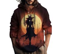 Generisch Pull d'Halloween en lin pour homme Sweat-shirt à capuche Boutonnière Horreur Impression 3D Motif corbeau Pull à manches longues Sweatshirts surdimensionnés Ne se décolore pas Hauts pour
