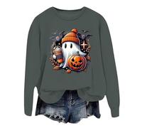 Generisch Pull d'Halloween pour femme - Imprimé citrouille et fantômes amusant Haut Pull à manches longues Col rond sans capuche Pull décontracté pour l'hiver Gris XL