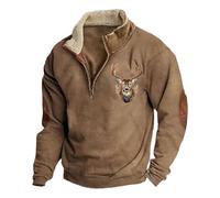 Generisch Pull d'hiver pour homme avec impression de cerf, sweat-shirt à manches longues avec boutons sur un quart, col montant, coupe ample, sweat-shirt de travail surdimensionné, P Kaki., L