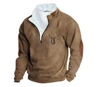Generisch Pull d'hiver pour homme avec impression de cerf, sweat-shirt à manches longues avec boutons sur un quart, col montant, coupe ample, sweat-shirt de travail surdimensionné, O Kaki, S