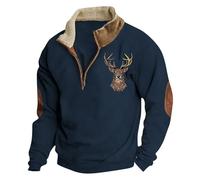 Generisch Pull d'hiver pour homme avec impression de cerf, sweat-shirt à manches longues avec boutons sur un quart, col montant, coupe ample, sweat-shirt de travail surdimensionné, O bleu marine, L