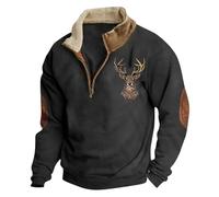 Generisch Pull d'hiver pour homme avec impression de cerf, sweat-shirt à manches longues avec boutons sur un quart, col montant, coupe ample, sweat-shirt de travail surdimensionné, O Noir., L