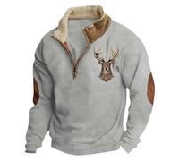 Generisch Pull d'hiver pour homme avec impression de cerf, sweat-shirt à manches longues avec boutons sur un quart, col montant, coupe ample, sweat-shirt de travail surdimensionné, O gris., XXL
