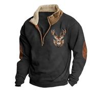 Generisch Pull d'hiver pour homme avec impression de cerf, sweat-shirt à manches longues avec col montant et fermeture à boutons sur un quart, haut vintage d'hiver avec col montant, coupe ample, pull