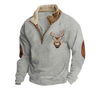 Generisch Pull d'hiver pour hommes avec impression de cerf de chasse, sweat-shirt à manches longues avec boutons sur un quart, col montant, coupe ample, sweat-shirt vintage d'hiver avec col montant