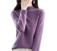 Generisch Pull en cachemire pour femme, pull sans couture 100 % laine, demi-col roulé, pull à manches longues, pull à col rond, Violet foncé, L