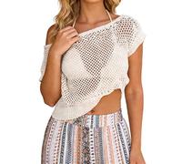 Generisch Pull en crochet pour femme - Épaules dénudées - Col rond - Pull en tricot surdimensionné - Aiguille à crochet - Crop Top Cover Up Mesh - Sexy - Hollow Out - Pull en tricot - Maillot de bain