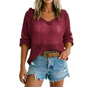 Generisch Pull en crochet pour femme - Manches longues - Col en V - Pull à capuche d'été - Style bohème - Léger - Décontracté - Haut en maille - Couverture Up - Crochet - Haut de plage - Pull en