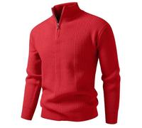 Generisch Pull en tricot à fermeture éclair 1/4 pour homme, travail et hiver, col roulé, cachemire, tricot fin, pull d'hiver à manches longues, col tortue doux, thermique, pull de transition, O rouge