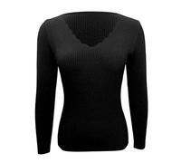 Generisch Pull en tricot fin pour femme avec col en V ondulé - T-shirt à manches longues en maille côtelée - Haut basique moulant pour le quotidien, XL