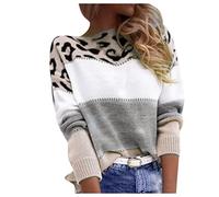 Generisch Pull en tricot léopard pour femme - Manches longues - Col rond - Patchwork - Automne - Hiver - Élégant - Chaud - Ample - Hauts - Pull léopard pour femme, gris, XL
