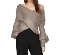 Generisch Pull en tricot pour femme - Aspect portefeuille - Pull élégant avec col en V et manches ballon - Pull décontracté pour un look superposé chic, Style_k01 kaki, S