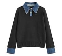 Generisch Pull en tricot pour femme au look superposé avec col en jean - Pull 2 en 1 avec détails de chemise - Haut chic pour un look décontracté et intelligent, Style_b01 noir, taille unique