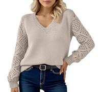 Generisch Pull en tricot pour femme avec manches ajourées - Pull en V avec élégant tricot perforé - Haut décontracté pour l'automne et l'hiver, Style_s02 beige, S