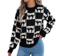 Generisch Pull en tricot pour femme avec motif damier de chat - Pull avec motif animal de style rétro - Pull jacquard décontracté pour les amoureux des chats, Style_u01 Noir, S