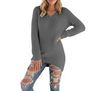 Generisch Pull en tricot surdimensionné douillet pour femme - Pull doux avec col en V et ourlet asymétrique - Pull long moelleux pour l'automne et l'hiver, Style_s06 Gris, XXL