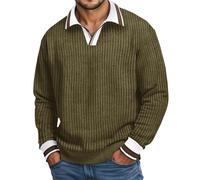 Generisch Pull en tricot torsadé pour homme - Col en V - Manches longues - Tricot épais - Pull de cricket - Couleur unie - Pull de travail - Automne - Hiver - Pull chaud - Maillot de corps, Vert kaki