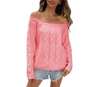 Generisch Pull femme 2023 - Pull rose d'hiver pour femme, élégant pull en tricot à épaules dénudées pour un charme charmant, Rose, L