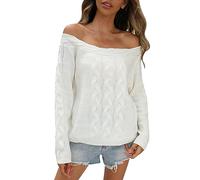 Generisch Pull femme 2023 - Pull rose d'hiver pour femme, élégant pull en tricot à épaules dénudées pour un charme charmant, Blanc., XXL