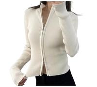 Generisch Pull Femme Col Montant Rayé Double Fermeture Éclair Pull Veste Slim Stretch Minceur Top, beige, M