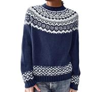 Generisch Pull Femme Coloré Cachemire Pull Tricoté Oversize Pull Norvégien Manches Longues Col Rond Pull en Laine Élégant Chaud Pull d'Hiver Ample Décontracté Pull Tricot Fin Hauts Top, a-bleu marine
