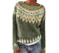 Generisch Pull Femme Manches Longues Hiver Sweatshirt Femme Grandes Tailles Pull Islande en Laine Pull Col Rond Sweatshirt Élégant Pull Norvégien Pull Rayé Grosse Maille, vert, L