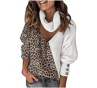 Generisch Pull Femme Oversize, Pull Femme Élégant Automne Pull Tricoté Mode Imprimé Patchwork Manches Longues Pulls Revers Haut Sur Le Côté Tricoté Pull Col Roulé Décontracté Pull en Tricot Fin, Blanc