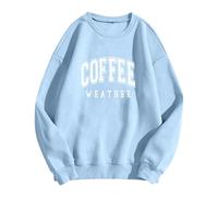 Generisch Pull Femme Sweatshirt avec Lettres imprimées Coffee Weather Manches Longues Col Rond Chemise Ample Pull Blouses Casual Automne Tops, bleu clair, XL