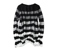 Generisch Pull gothique punk grunge à manches longues pour femme - Col rond - Rayé déchiré - Long pull en tricot - Pull long - Hauts - Pull gothique Hollow Out Streetwear, Q noir., taille unique
