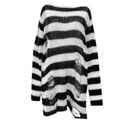 Generisch Pull gothique punk grunge à manches longues pour femme - Col rond - Rayé déchiré - Long pull en tricot - Pull long - Hauts - Pull gothique Hollow Out Streetwear, O blanc., taille unique