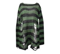 Generisch Pull gothique punk grunge à manches longues pour femme - Col rond - Rayé déchiré - Long pull en tricot - Pull long - Hauts - Pull gothique Hollow Out Streetwear, P vert., taille unique
