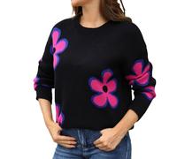 Generisch Pull jacquard à fleurs pour femme - Haut tricoté décontracté - Coupe ample - Col rond - Bloc de couleurs - Design décontracté - Résistant au quotidien, Noir , M