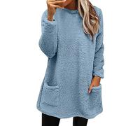 Generisch Pull long en polaire pour femme - Automne - Hiver - Chaud - Manches longues - Col rond - Couleur unie - Pull polaire avec poches - Décontracté - Manches longues - Pull en peluche, bleu clair