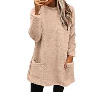 Generisch Pull long en polaire pour femme - Doux et chaud - Sans capuche - Décontracté - Couleur unie - Col rond - Décontracté - Pull d'hiver ample en peluche, Rose, XL
