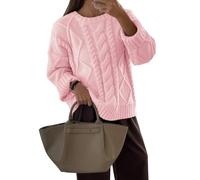 Generisch Pull oversize à col rond et torsadé pour femme - Pull en tricot pour femme - Hauts d'automne pour femme, Rose, L