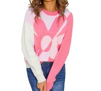 Generisch Pull pour femme avec motif floral abstrait - Pull en tricot bicolore de style bloc de couleur - Haut accrocheur pour un look moderne, Style/R04 blanc, XL