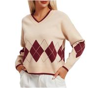 Generisch Pull pour femme - Couleur contrastée - Pull en tricot - Motif losange - Décontracté - Pull d'hiver - Col en V - Manches longues - Chaud - Tricot fin, beige, M