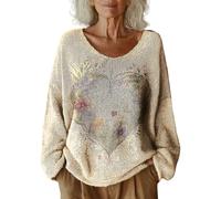 Generisch Pull pour femme - Pull en tricot pour femme - Col rond - Vintage - Manches longues - Pull tricoté avec imprimé déclaration - Décontracté - Confortable - T-shirt à manches longues - Stretch