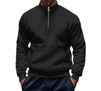 Generisch Pull pour homme avec fermeture éclair sur le col, sweat-shirt pour homme avec col montant, t-shirt en tricot léger, couleur unie, pull avec poche ventrale, sweat-shirt coupe droite, Noir ,