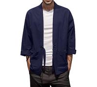 Generisch Pull pour homme avec motif rétro, cardigan fin ample, kimono, robe japonaise, 7 manches coupées, manteau, grande taille, trangs rétro, manteau en soie pour homme, Marine, XXL