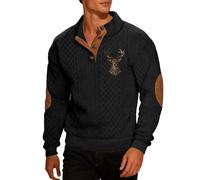 Generisch Pull pour homme en tricot 3D avec motif cerf - Sweat-shirt avec col Troyer imprimé et écussons coudes - Haut rustique de style chasseur, Stil_q02 Noir, 3XL